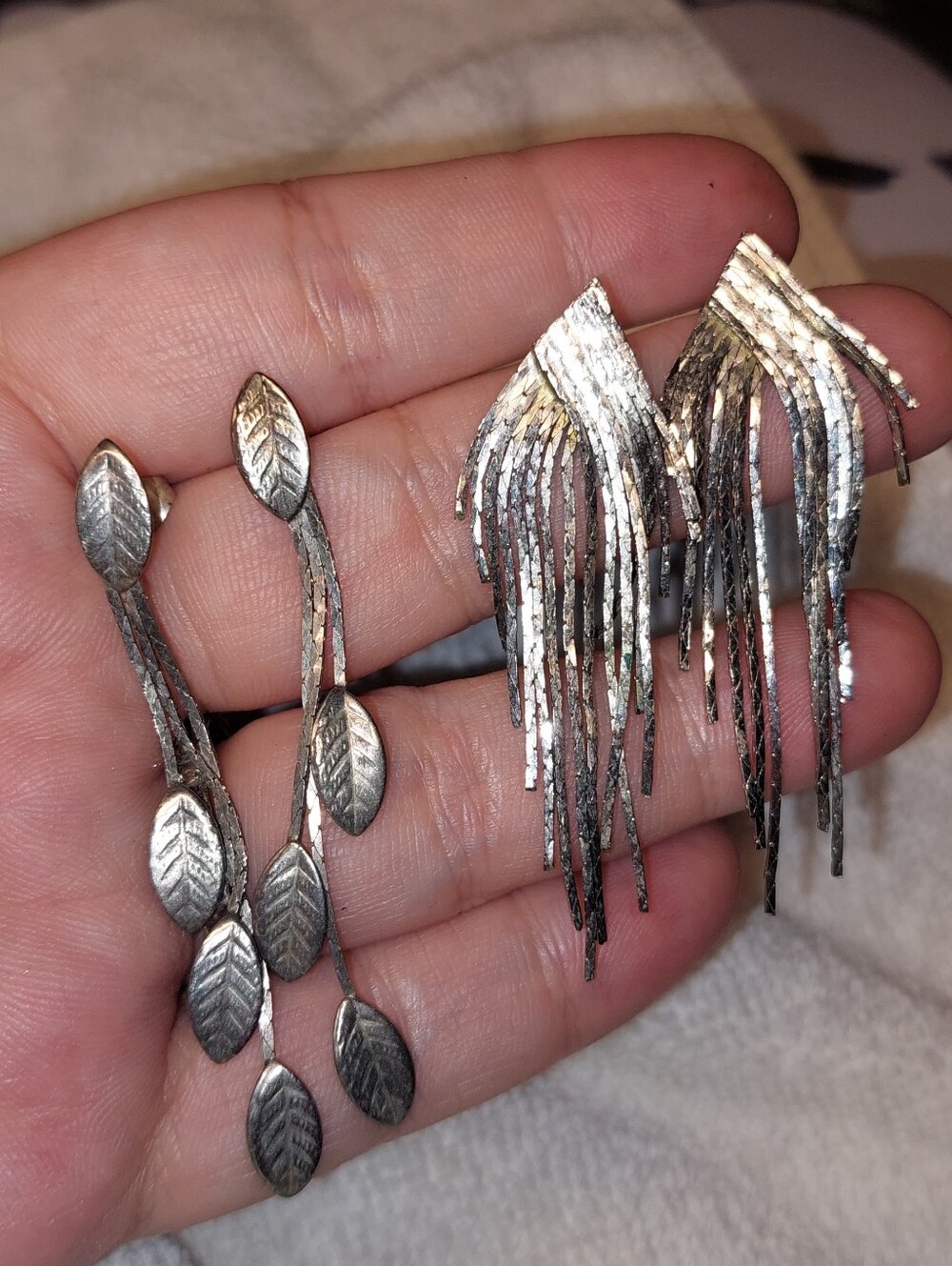 2 Pair Silver Leaf Dangle Earrings - Elegant Fringe and Branch Styles